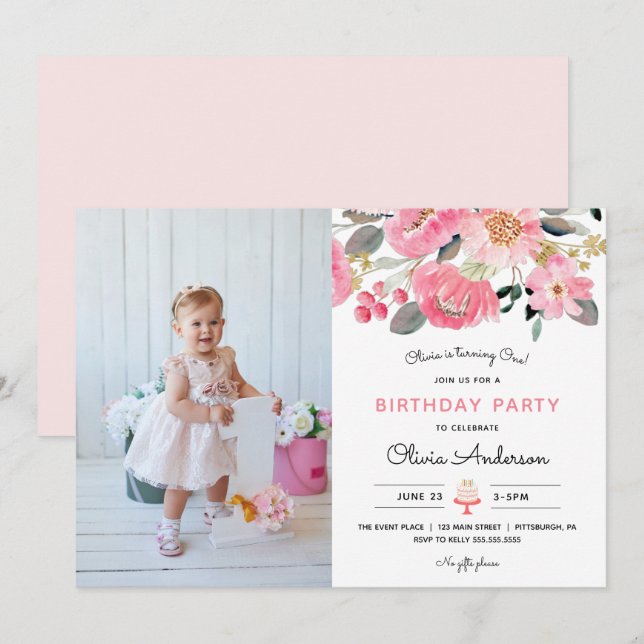 Invitación Pink Floral Garden Chica Foto Cumpleaños (Anverso / Reverso)