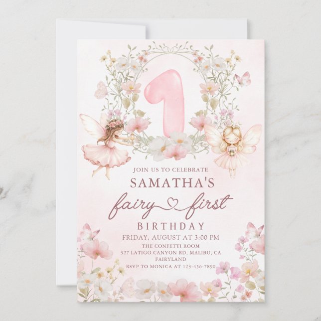 Invitación Pink Floral Garden Fairy First Birthday (Anverso)