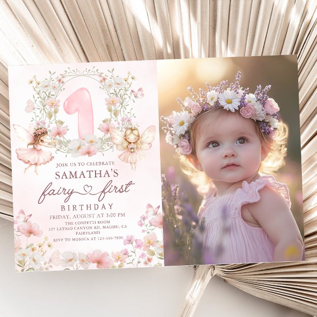 Invitación Pink Floral Garden Fairy First Birthday Photo (Subido por el creador)