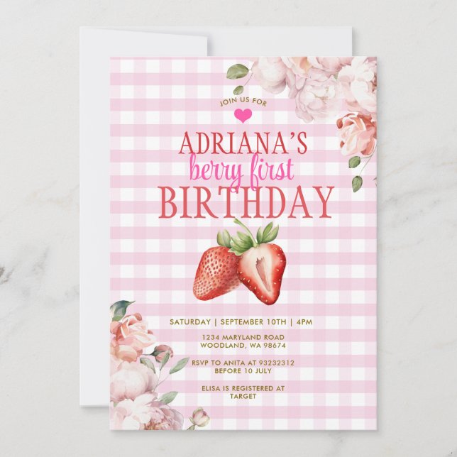 Invitación Pink Floral Gingham Berry First Birday (Anverso)