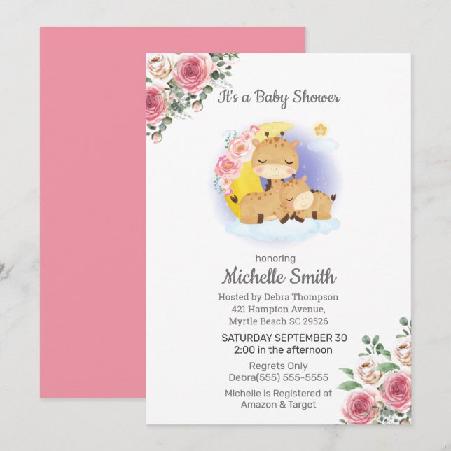 Invitación Pink Floral Giraffe Mom Baby Shower (Anverso / Reverso)