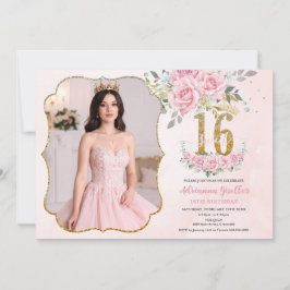Invitación Pink Floral Gold Sweet Sixteen 16th Birthday Photo