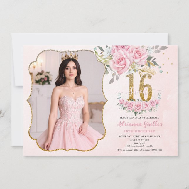 Invitación Pink Floral Gold Sweet Sixteen 16th Birthday Photo (Anverso)