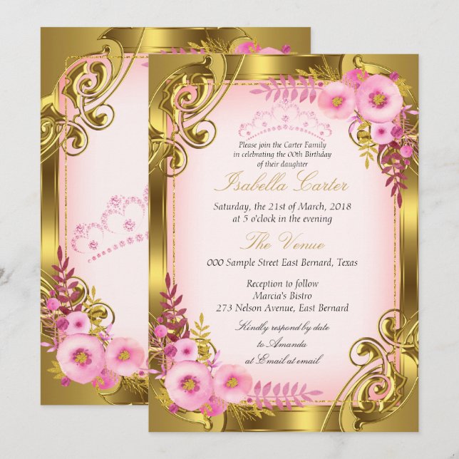 Invitación Pink Floral Gold Tiara Birday Party (Anverso / Reverso)