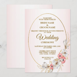 Invitación Pink Floral Golden Geometric Peach Wedding