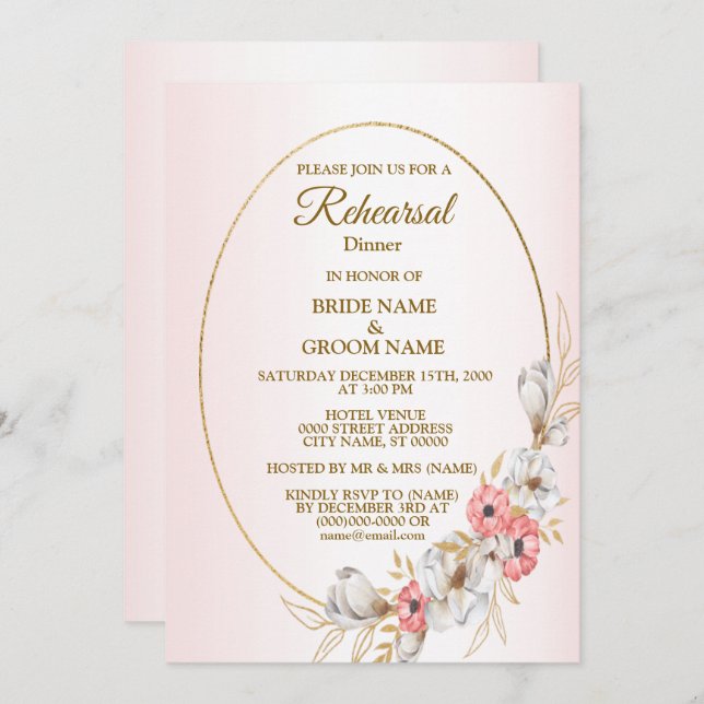 Invitación Pink Floral Golden Peach Wedding Rehearsal Dinner (Anverso / Reverso)