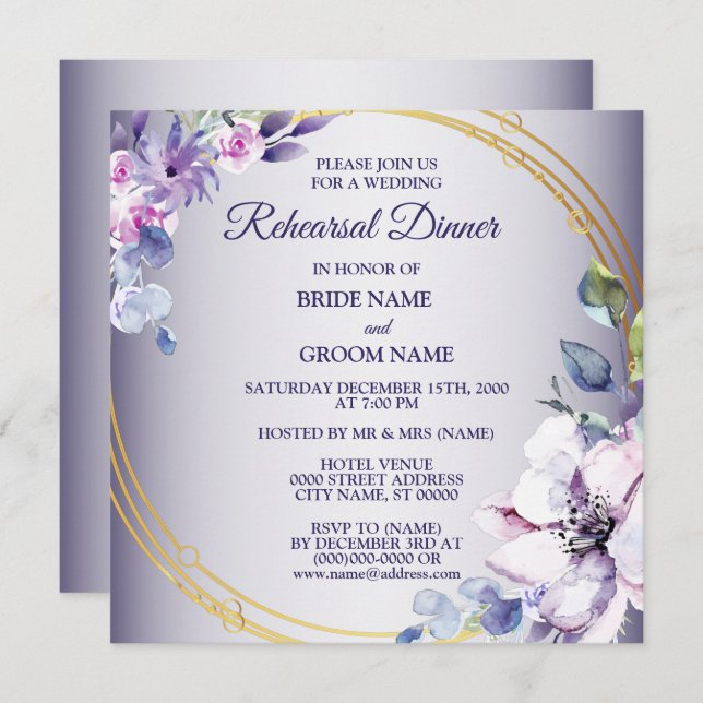 Invitación Pink Floral Golden Purple Wedding Rehearsal Dinner (Anverso / Reverso)