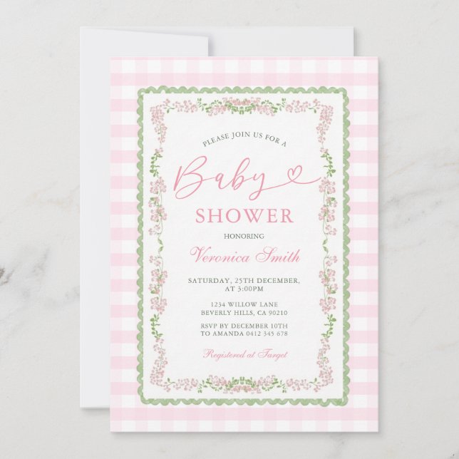 Invitación Pink Floral Grandmillenial Baby Shower Gingham (Anverso)