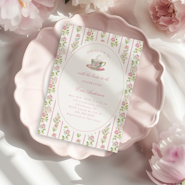 Invitación Pink Floral Grandmillennial Bridal Tea Party  (Subido por el creador)