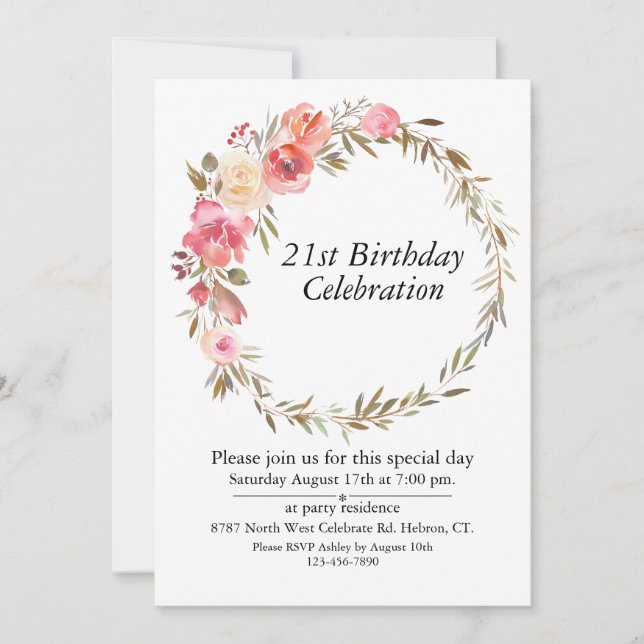 Invitación Pink Floral Greenery Boho, Personalizable 21 Cumpl (Anverso)