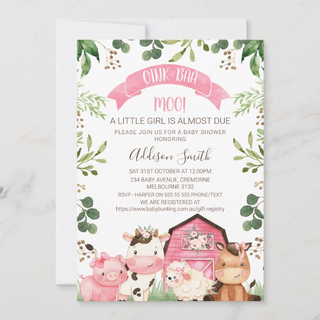 Invitación Pink Floral Greenery Farm Barn Baby Shower (Anverso)