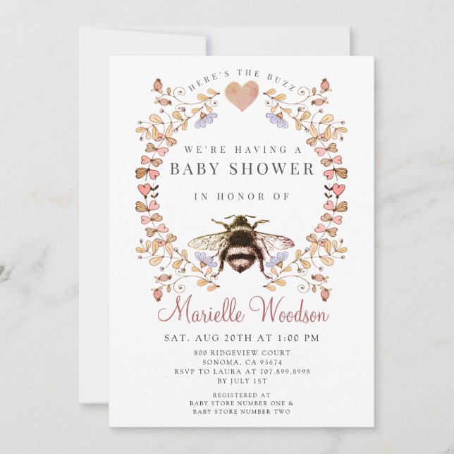 Invitación Pink Floral Heart Bee Baby Shower (Anverso)