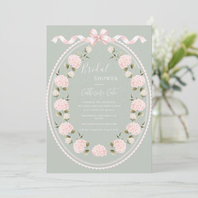 Invitación Pink Floral Hydrangea Sage Green Elegant Bridal  (Anverso de pie)