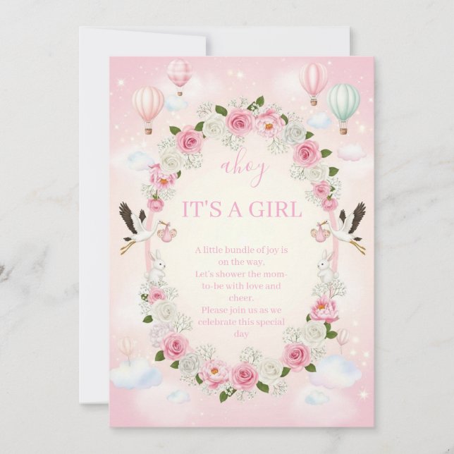 Invitación Pink Floral "It's a Girl" Baby Shower Invite  (Anverso)