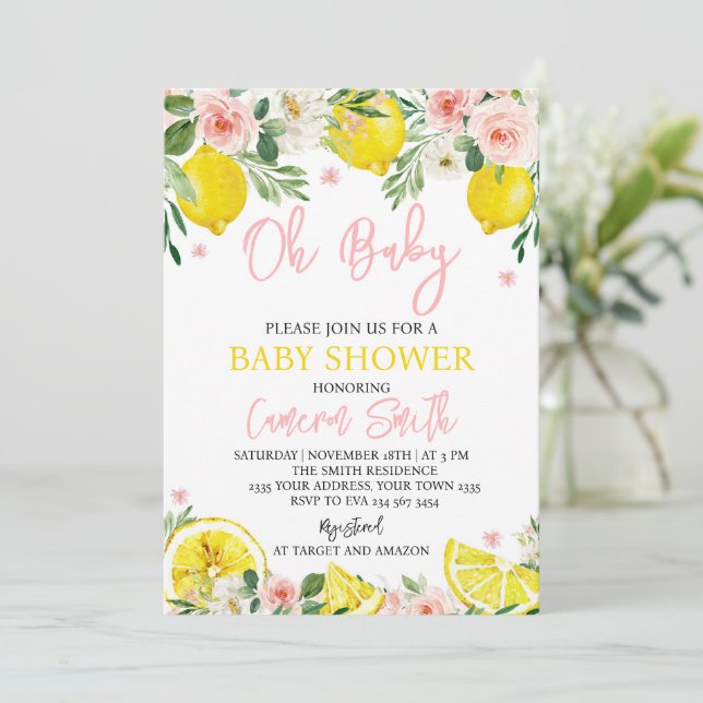Invitación Pink Floral Lemon Baby Shower (Anverso de pie)