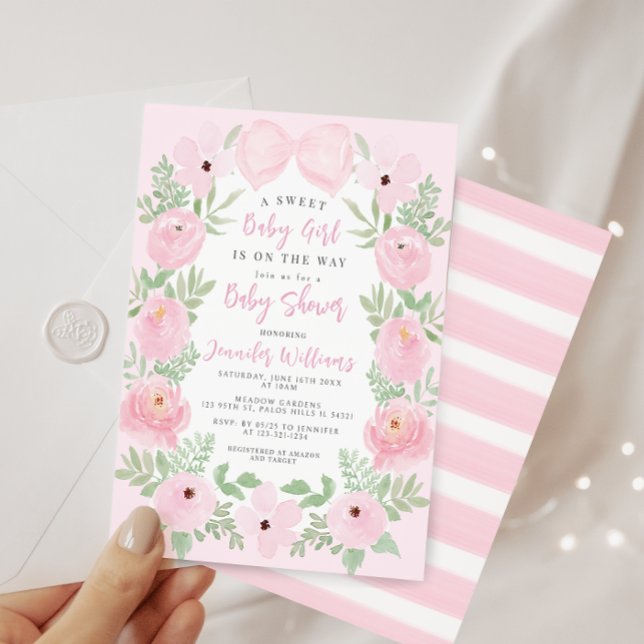Invitación Pink floral lindo arco lindo moda bebé (Subido por el creador)