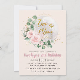 Invitación Pink Floral Love You Two the Moon 2º cumpleaños