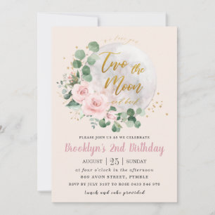 Invitación Pink Floral Love You Two the Moon 2º cumpleaños