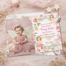 Invitación Pink Floral Magical Fairy First Birthday Photo