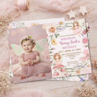 Invitación Pink Floral Magical Fairy First Birthday Photo 