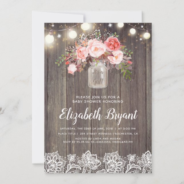 Invitación Pink Floral Mason Jar Rustic Lace Baby Shower (Anverso)