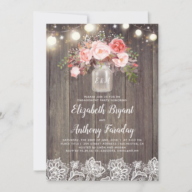 Invitación Pink Floral Mason Jar Rustic Lace Engagement Party (Anverso)