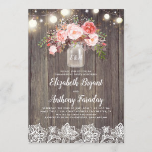 Invitación Pink Floral Mason Jar Rustic Lace Engagement Party