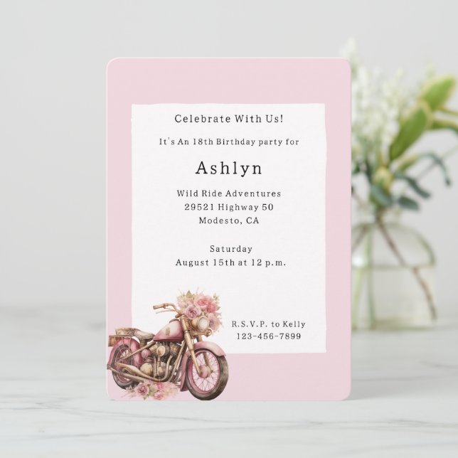 Invitación Pink Floral Motorcycle Birthday   (Anverso de pie)