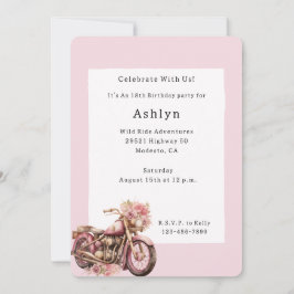 Invitación Pink Floral Motorcycle Birthday  