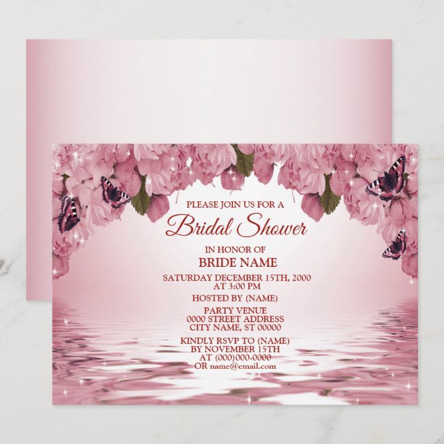 Invitación Pink Floral Nature Butterfly Outdoor Bridal Shower (Anverso / Reverso)