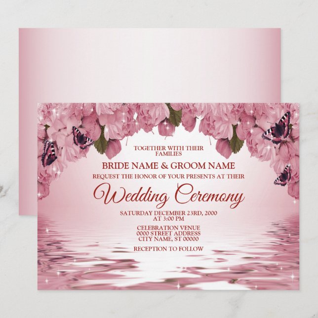 Invitación Pink Floral Nature Butterfly Outdoor Wedding (Anverso / Reverso)