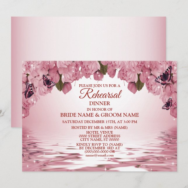 Invitación Pink Floral Nature Wedding Rehearsal Dinner Party (Anverso / Reverso)