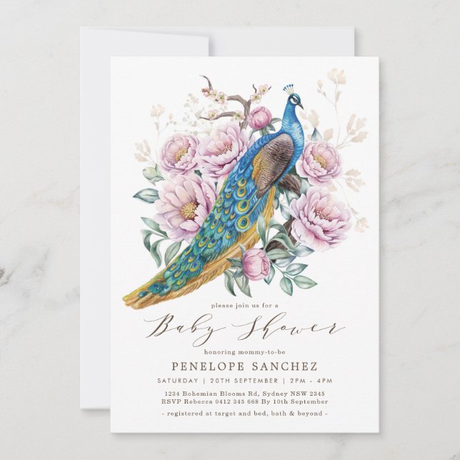 Invitación Pink Floral Peacock Chinoiserie Chica Baby Shower (Anverso)