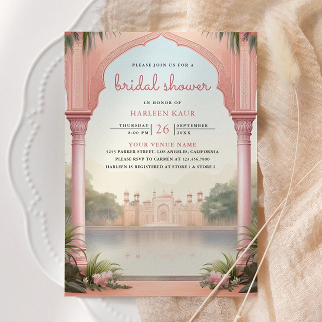 Invitación Pink Floral Peacocks Indian Palace Bridal Shower (Subido por el creador)