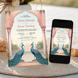 Invitación Pink Floral Peacocks Royal Indian Palace Wedding