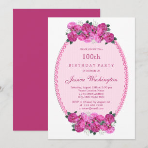 Invitación Pink Floral Pearls & Lace 100 cumpleaños