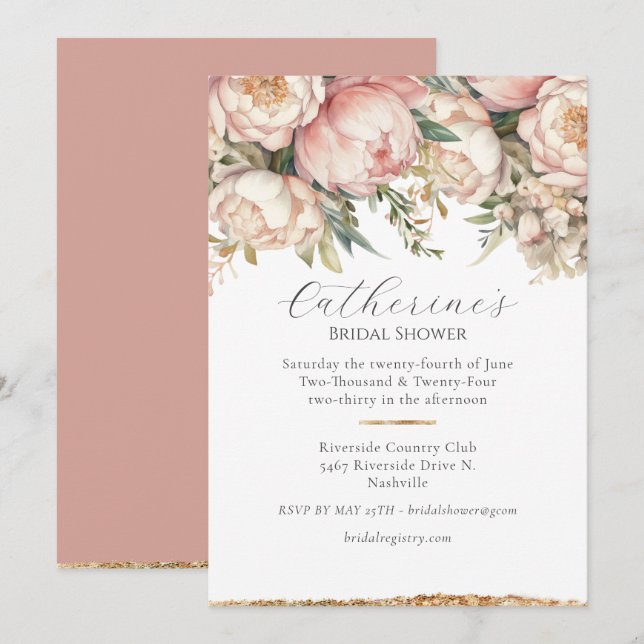 Invitación Pink Floral Peony Gold Brillante (Anverso / Reverso)