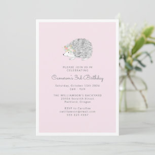Invitación Pink Floral Porcupine Cute Tercer Fiesta de Cumple
