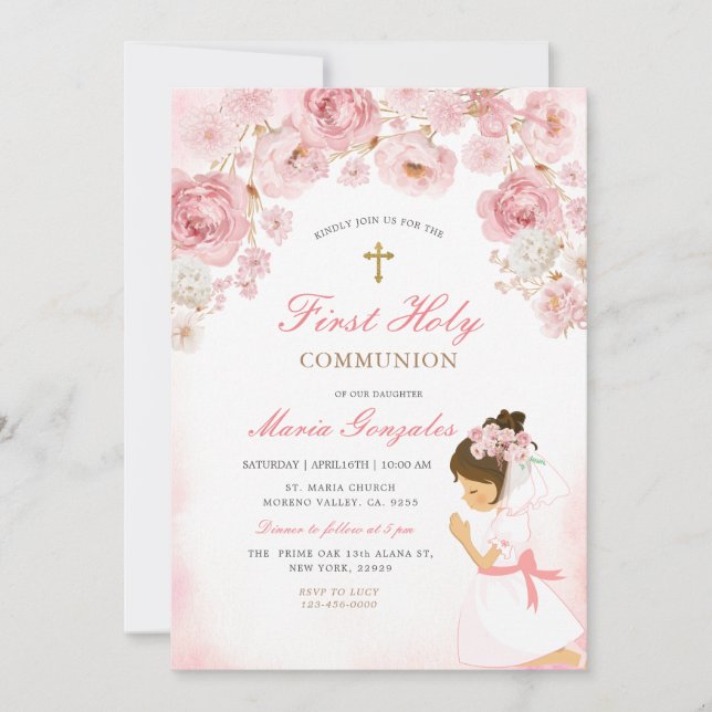 Invitación Pink Floral Praying Girl Illustration Gold Cross (Anverso)