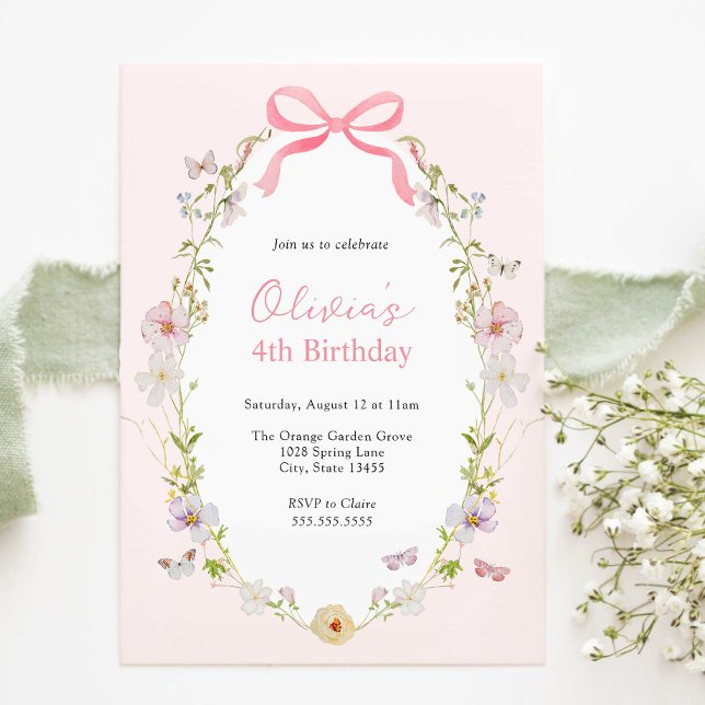 Invitación Pink Floral Pretty Bow Birthday Invitation (Subido por el creador)