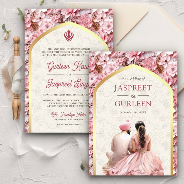 Invitación Pink Floral Punjabi Anand Karaj Sikh Boda (Subido por el creador)