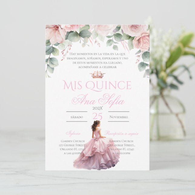 Invitación Pink Floral Quinceanera invitation Spanish (Anverso de pie)