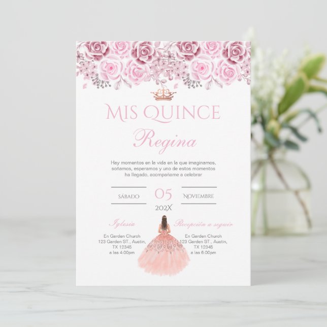 Invitación Pink Floral Quinceañera Spanish  (Anverso de pie)
