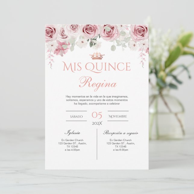 Invitación Pink Floral Quinceañera Spanish  (Anverso de pie)