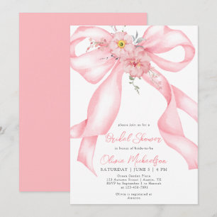 Invitación Pink Floral Ribbon Bow Boho Coquette Bridal Shower
