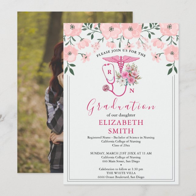 Invitación Pink Floral RN Nursing Graduation Invitation | BSN (Anverso / Reverso)
