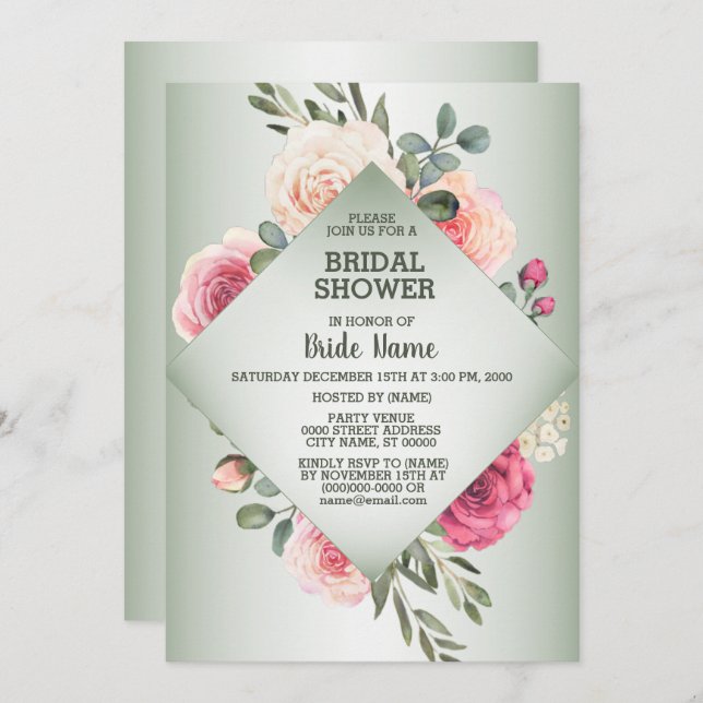 Invitación Pink Floral Rustic Geometric Green Bridal Shower (Anverso / Reverso)