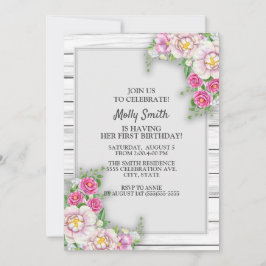 Invitación Pink Floral Rustic Wood Baby Girl First Birday