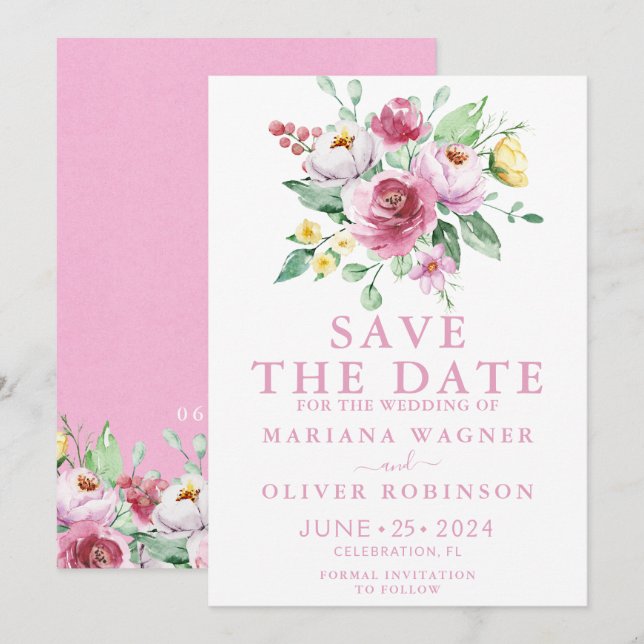 Invitación Pink Floral Save the Date (Anverso / Reverso)