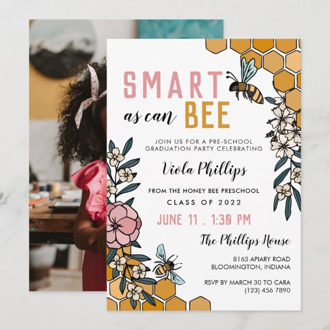 Invitación Pink Floral Smart As Can Bee Graduación Preescolar (Anverso / Reverso)
